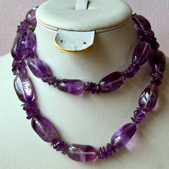 VINTAGE LARGE NATURAL AMETHYST BEADS LONG NECKLACE STATEMENT VERSATILE